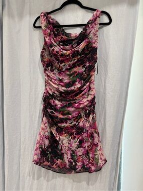 Abercrombie & Fitch Floral Ruched Cowl Mini Dress. Asymmetric/off the shoulder